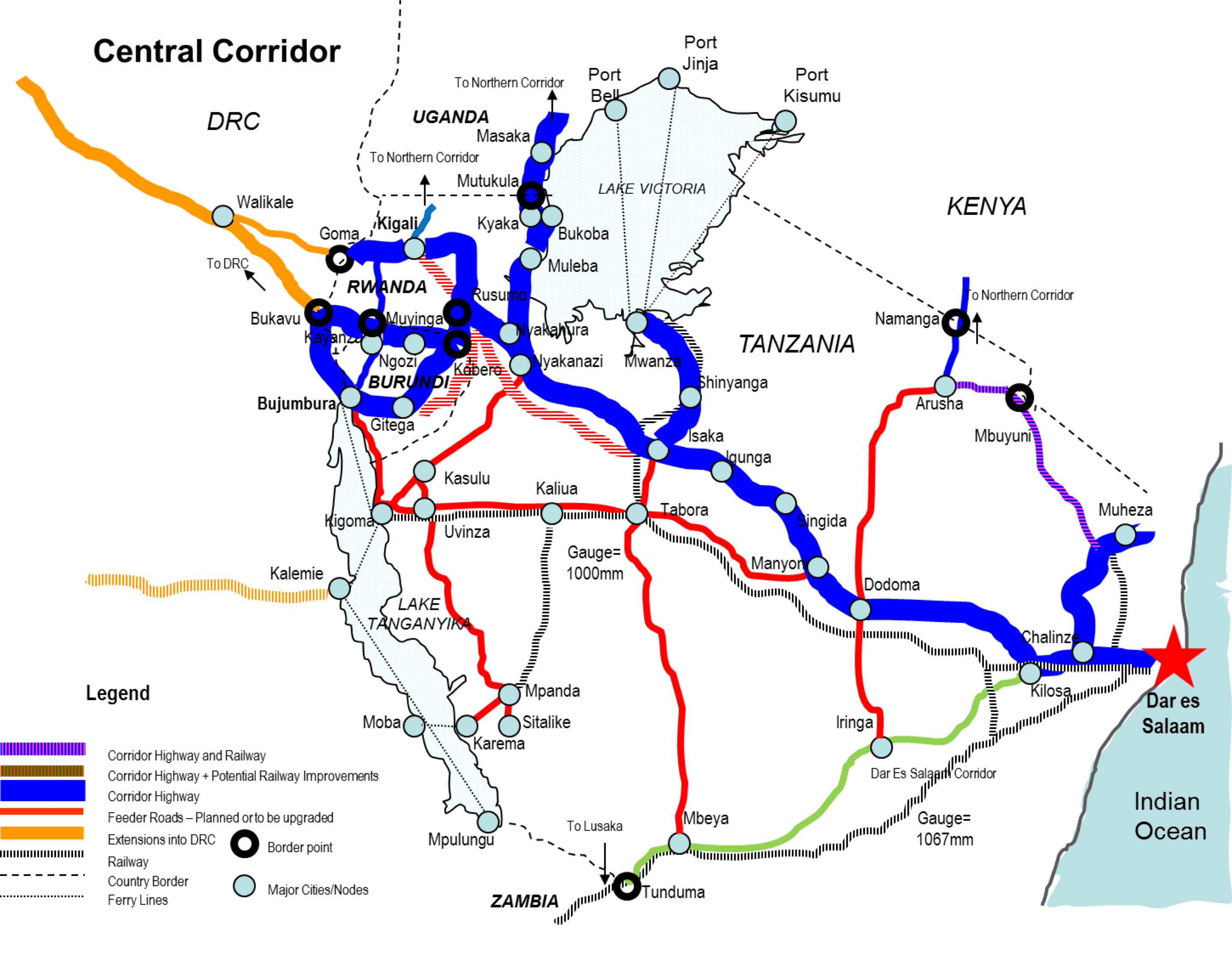 Map of Central Corridor rail, road and lake routes